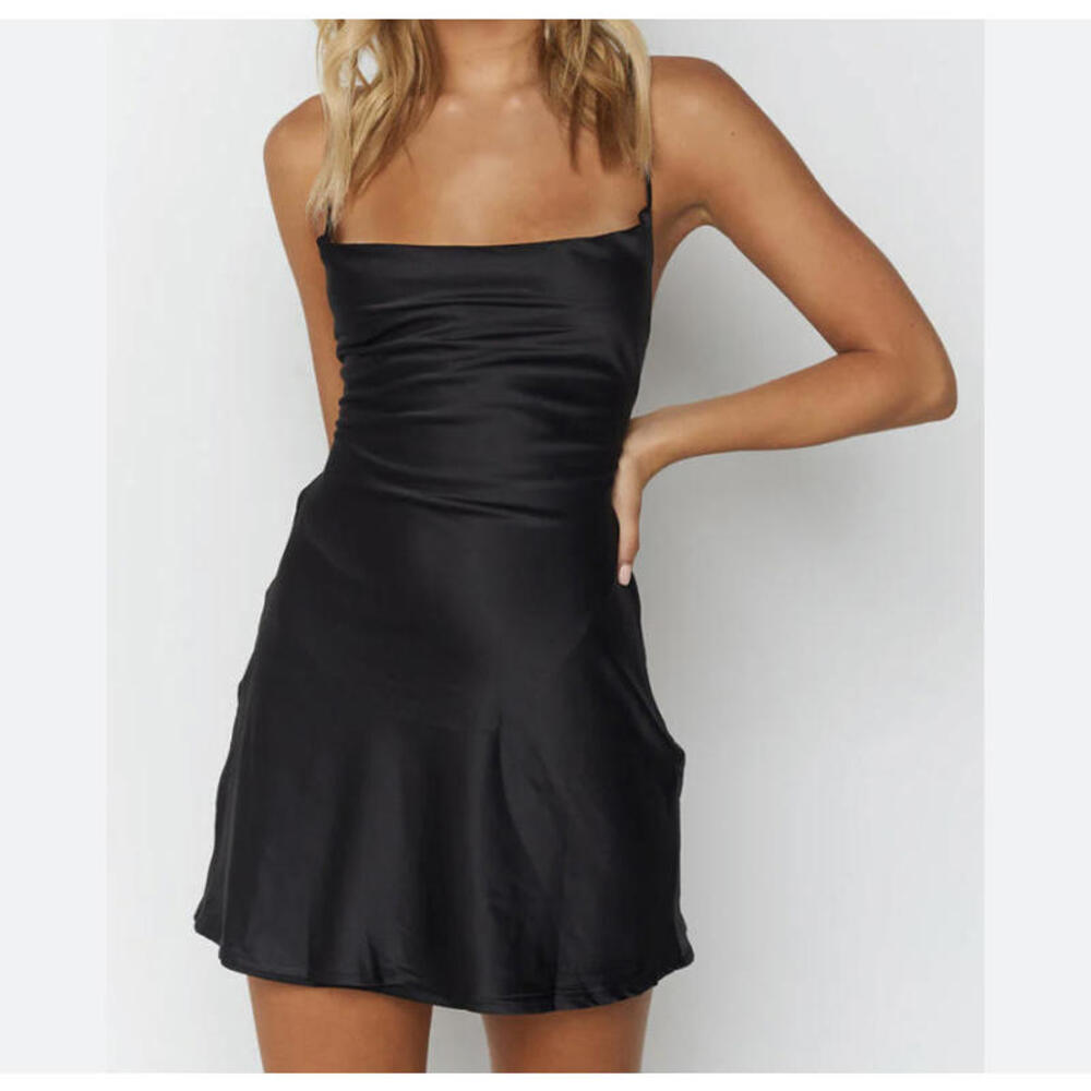 OH POLLY black satin open lace up back mini dress
